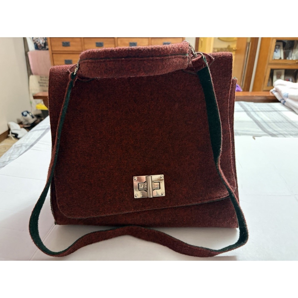 Burgundy Wool Felt Satchel Handbag Silver Turn‎ Lock Top Handle Shoulder Bag